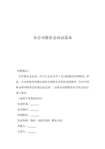 分公司股东会决议范本
