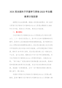 XXX党支部关于开展学习贯彻2023年主题教育计划安排（特色社会主义思想）