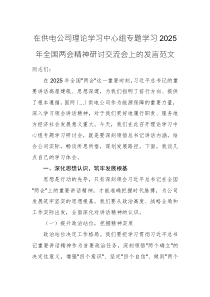 在供电公司理论学习中心组专题学习2025年全国两会精神研讨交流会上的发言范文